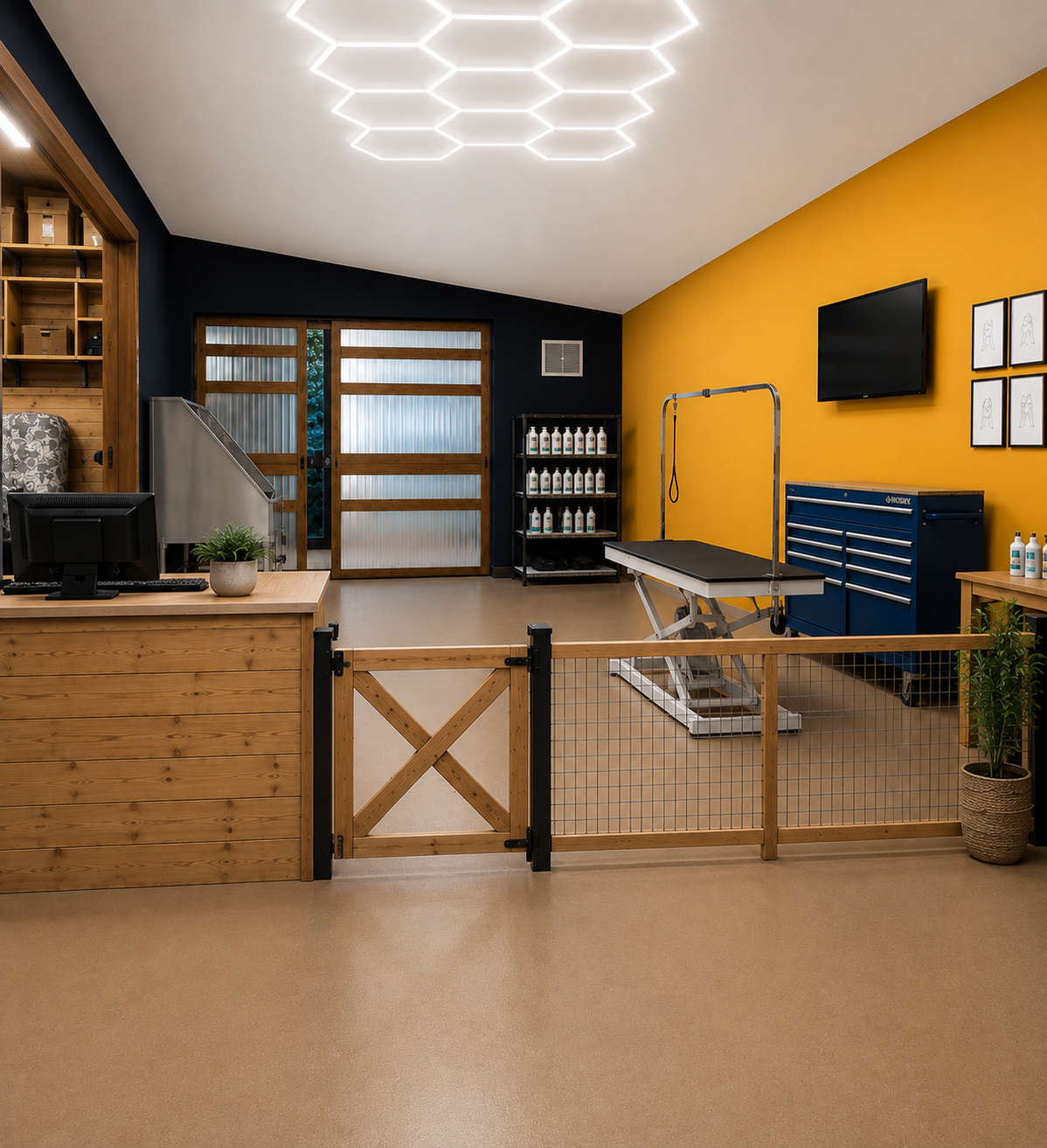 Future Pawlor studio interior mockup with navy and gold walls, wood accents, grooming table, and product shelving