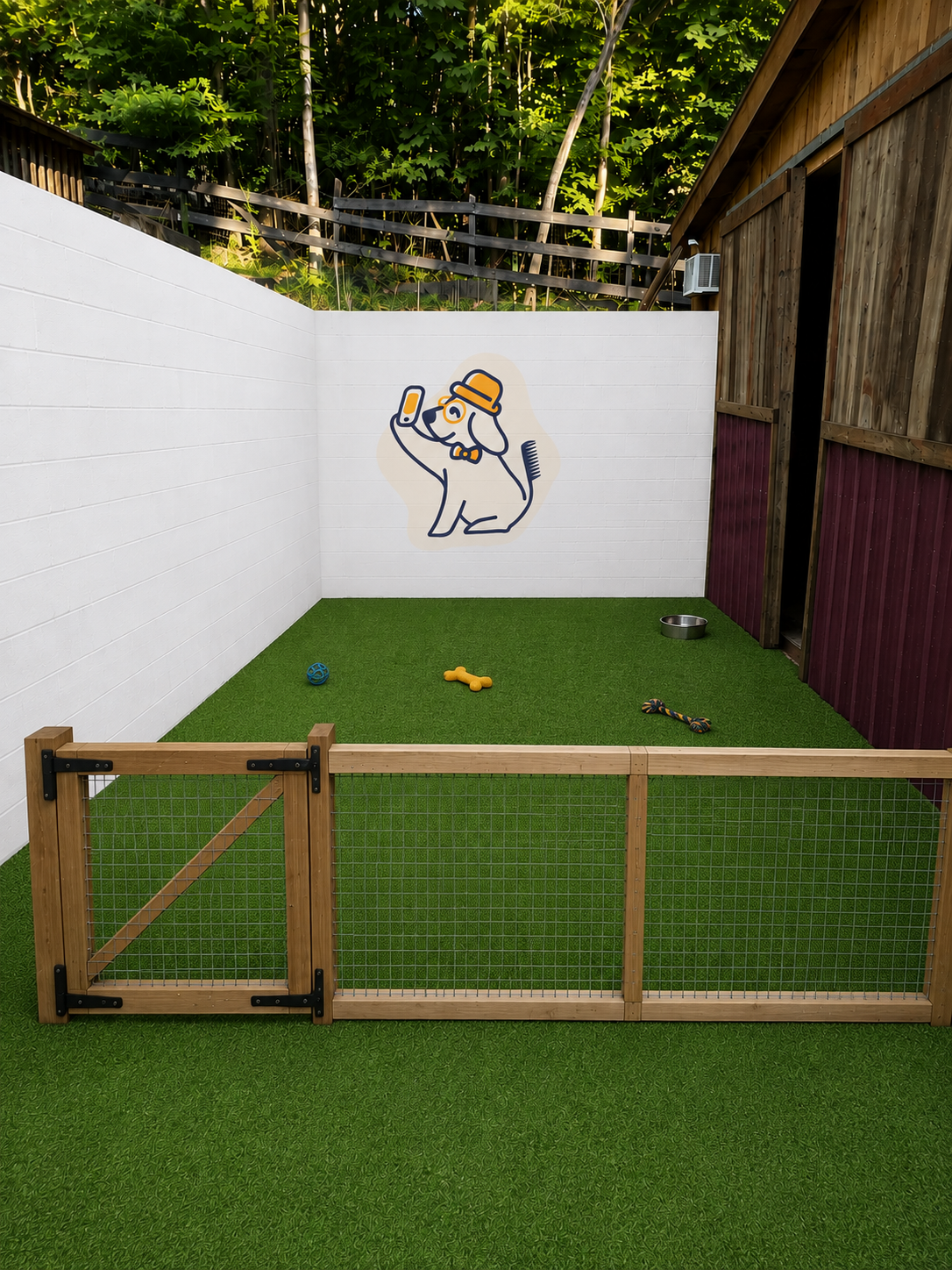 Future Pawlor outdoor play area mockup with turf, wooden fencing, and the Pawlor logo mural